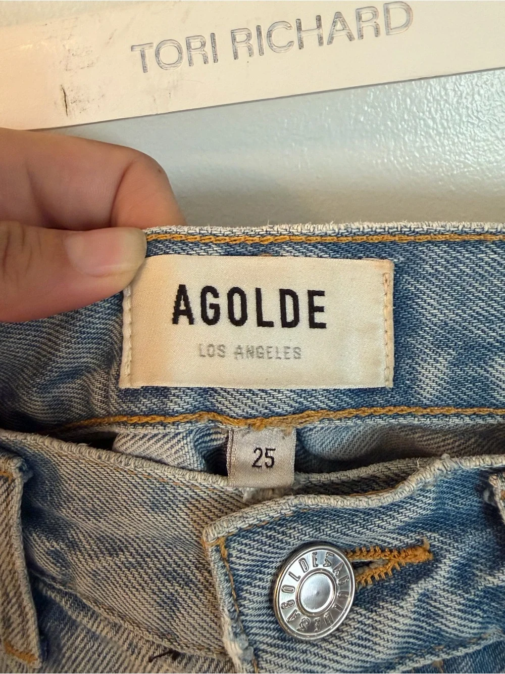 Agolde Light Blue Distressed Denim Cutoff Shorts - Picture 4 of 4